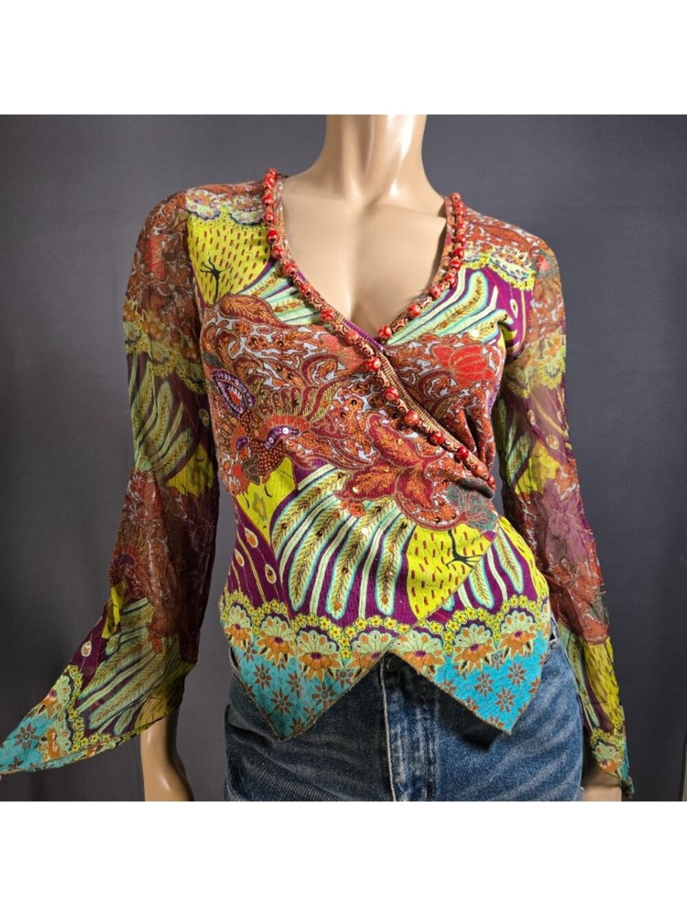 Y2K Rene Derhy Top Size S Beaded Sequin Sheer Flared Sleeves Fairy Boho Floral